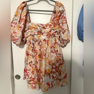 Abercrombie Puff Sleeve mini dress in orange and red watercolor flowers